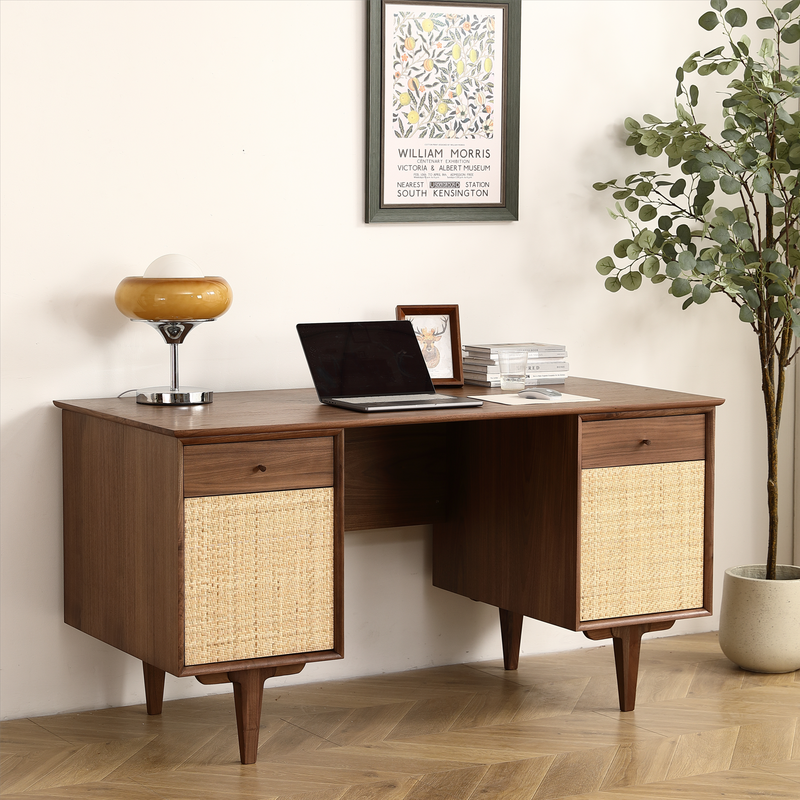 Weldon | Solid Wood Mid-Century Walnut Desk with 2 Rattan Net Storage Drawers