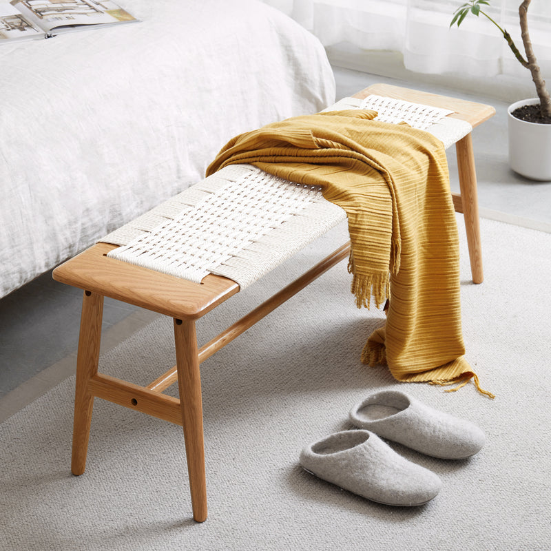Fluto | Mid-Century Woven Cord Solid Oak Entryway, Mudroom, Bedroom Bench
