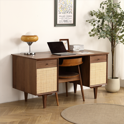 Weldon | Solid Wood Mid-Century Walnut Desk with 2 Rattan Net Storage Drawers