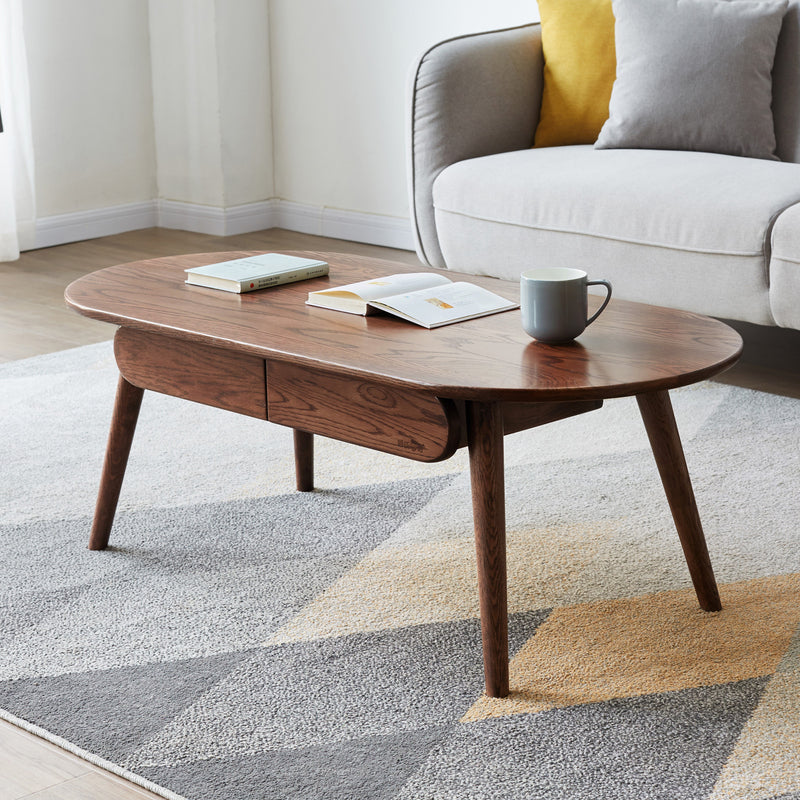 Adler | Solid Oak Oval Mid-Century Coffee Table with Drawer