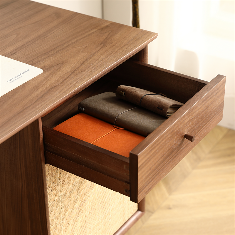 Weldon | Solid Wood Mid-Century Walnut Desk with 2 Rattan Net Storage Drawers