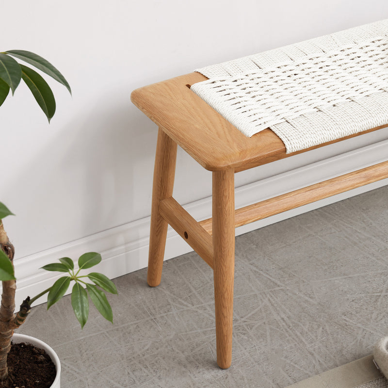 Fluto | Mid-Century Woven Cord Solid Oak Entryway, Mudroom, Bedroom Bench