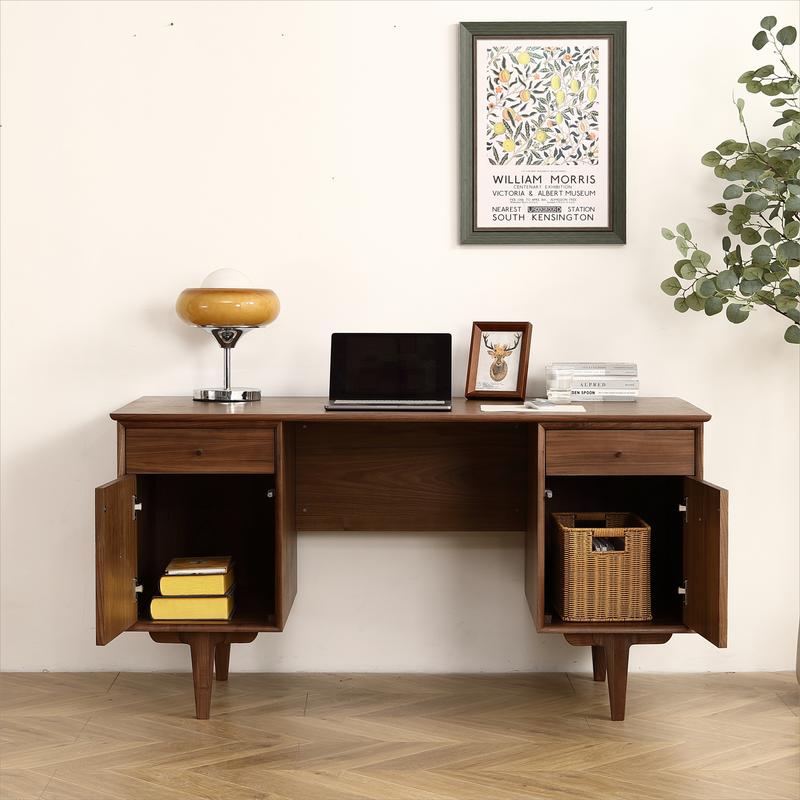 Weldon | Solid Wood Mid-Century Walnut Desk with 2 Rattan Net Storage Drawers