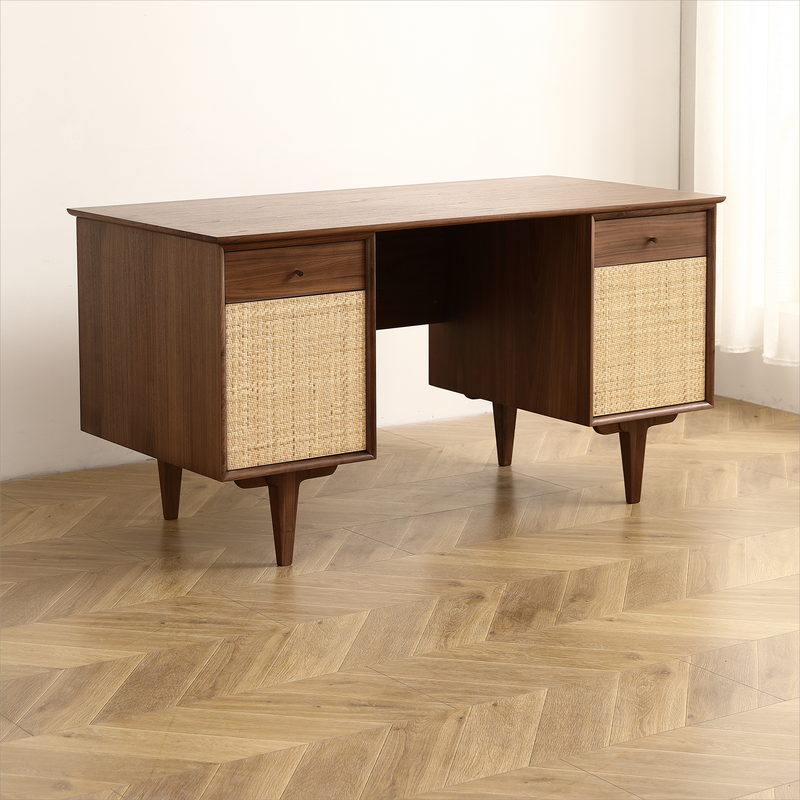 Weldon | Solid Wood Mid-Century Walnut Desk with 2 Rattan Net Storage Drawers